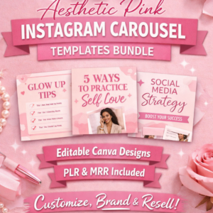 100 Aesthetic Pink Instagram Carousel Templates Bundle Stylish, fully customizable Canva designs with Private Label and Master Resell Rights.